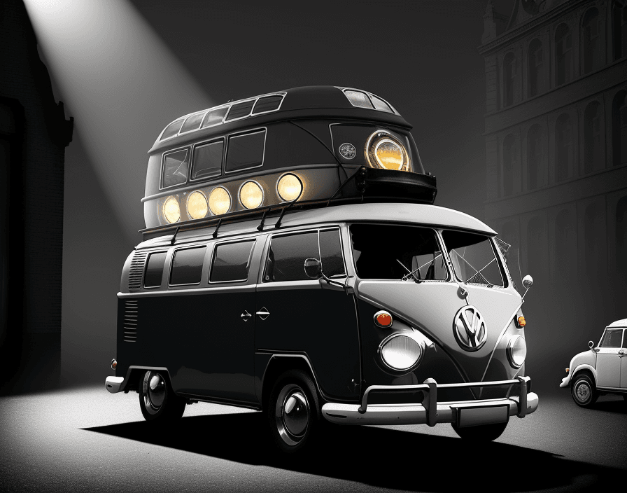 AI generated: Create an image of a vintage VW Bus dramatically illuminated by a shaft of light, casting shadows an...