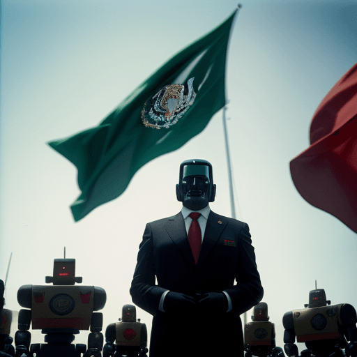 AI generated: The president of mexico with robot body human head, raising the flag of mexico, dark colors. hyper r...