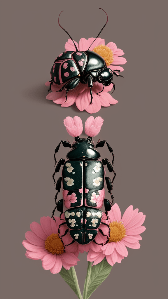 AI generated: floral beetle wearing a (long:1.2) pink (scarf:1.3), a beetle with arms and a head, (dark shot:1.17)...