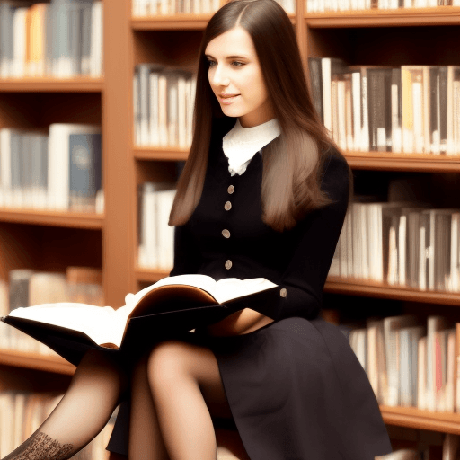 AI generated: an attractive brown-haired woman with long hair sitting in a library reading a book. She is wearing ...
