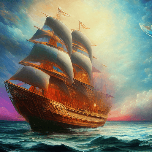 AI generated: create a painting of an ancient ship sailing through space with vivid colors hd 4k, resolution, fant...