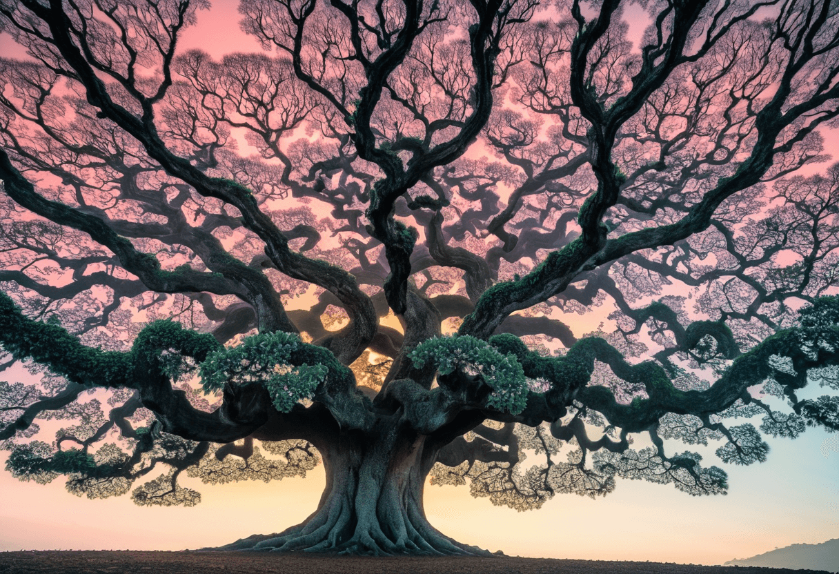 AI generated:  portrait, Fractal,close up of a majestic tree at dawn, from inside of a San Salvador, Satisfying, C...