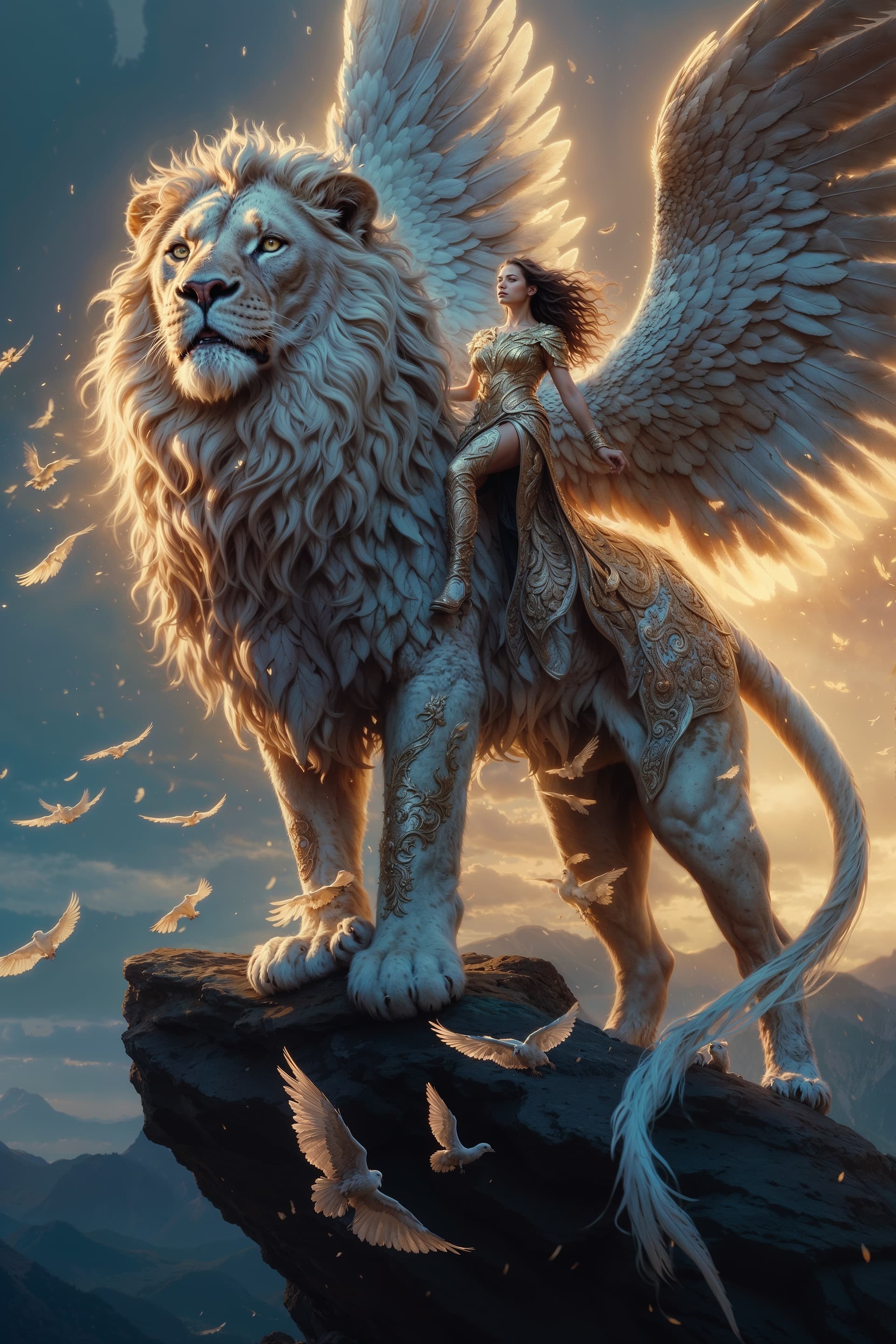 AI generated: A full body photo shot of an angelic mythical lion with outstretched feathery wings with glowing int...