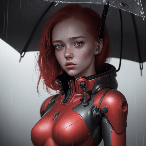 AI generated: young girl with a red robot suit standing in the rain, in the style of detailed hyperrealism, skotti...