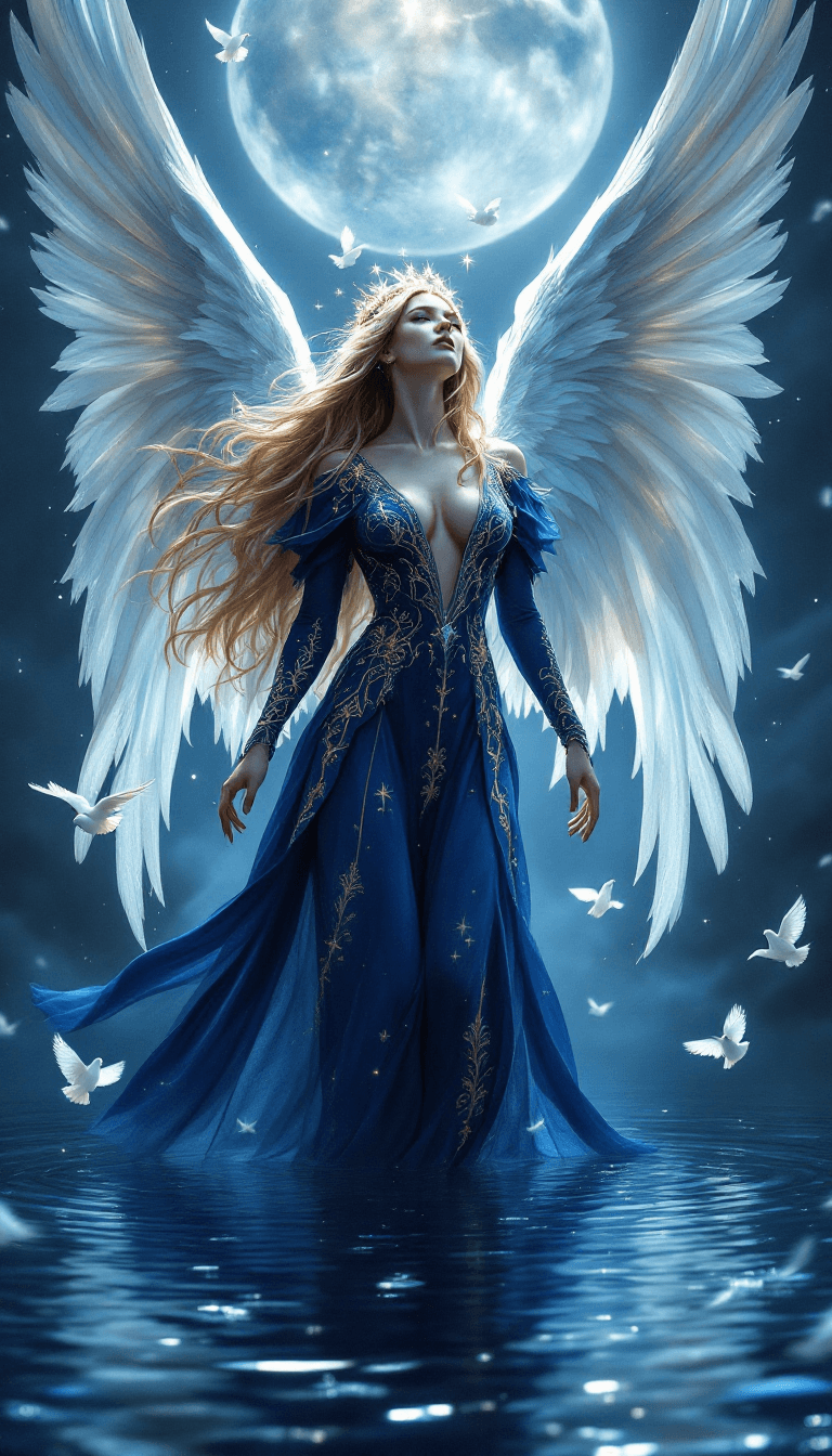 AI generated: Ultra-high resolution, Hyper-detailed dark celestial artwork, A mystical angel with flowing blonde h...