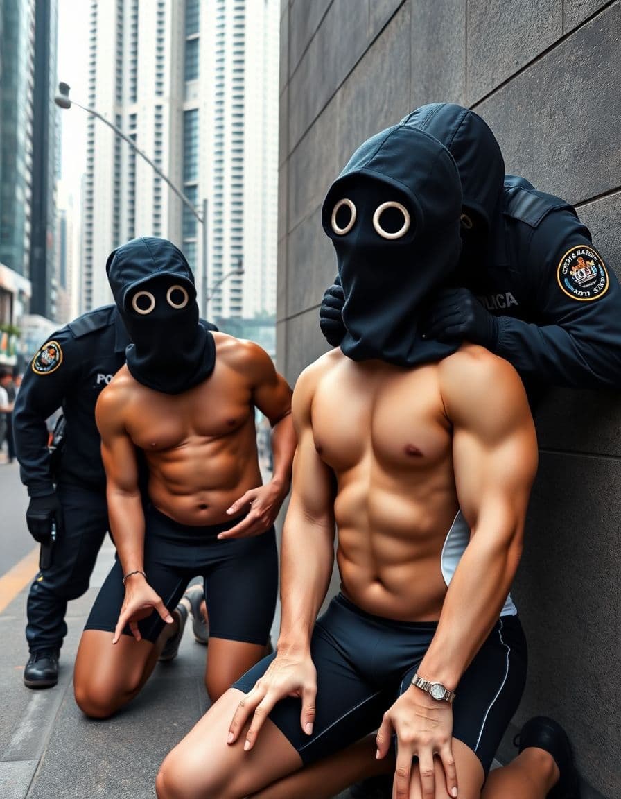 AI generated: Police arrest three male Chinese athletes wearing compression jammers on a street next to a wall in ...