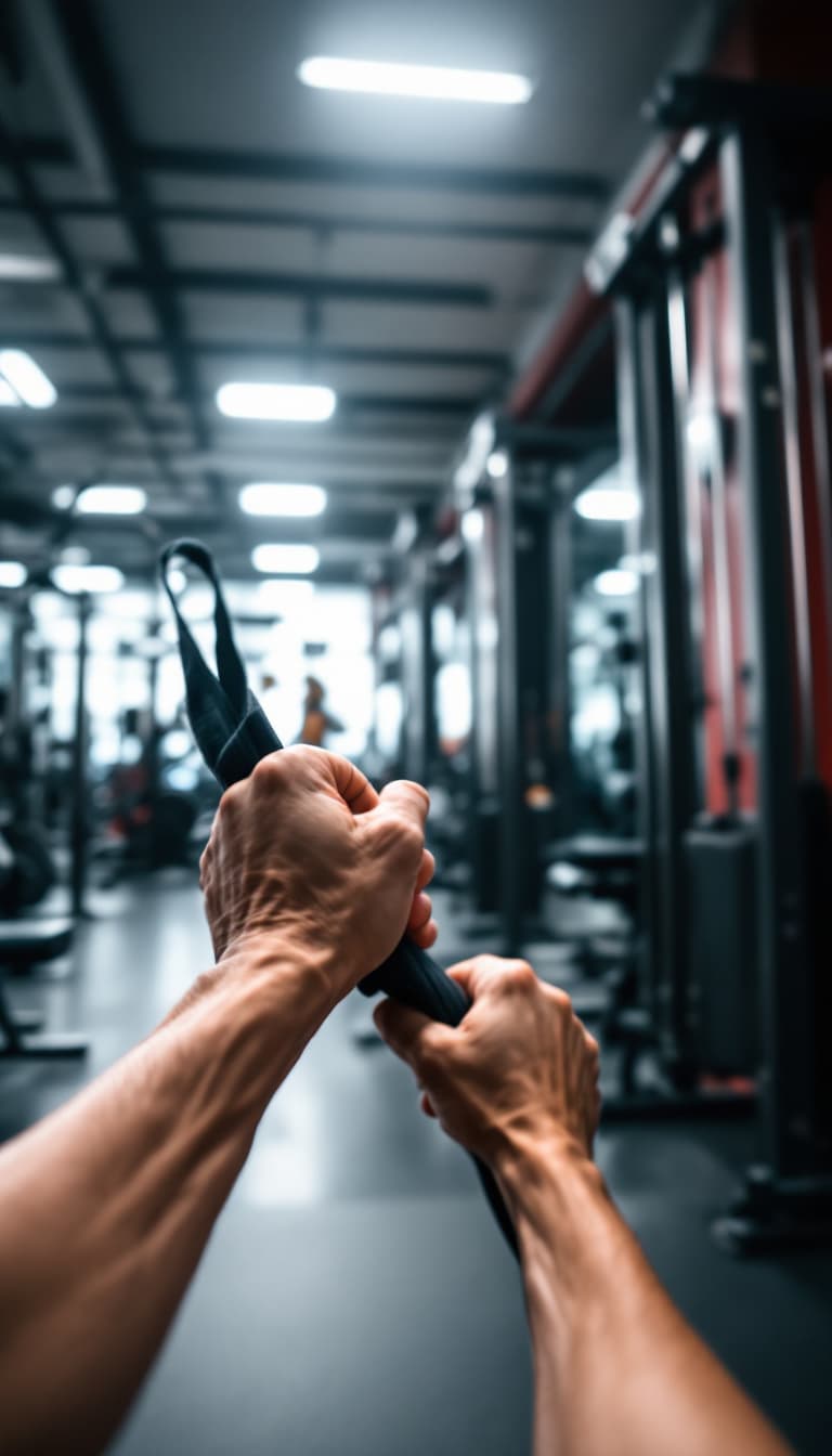 AI generated: POV first-person, I am working out in a gym. Only my hands are visible in the frame.

The gym has a ...