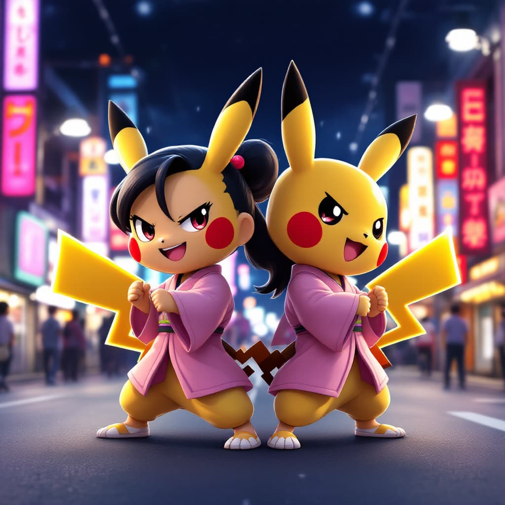 AI generated: Nezuko Kamado, in chibi form, stands back-to-back with Pikachu, both flashing bright, determined smi...