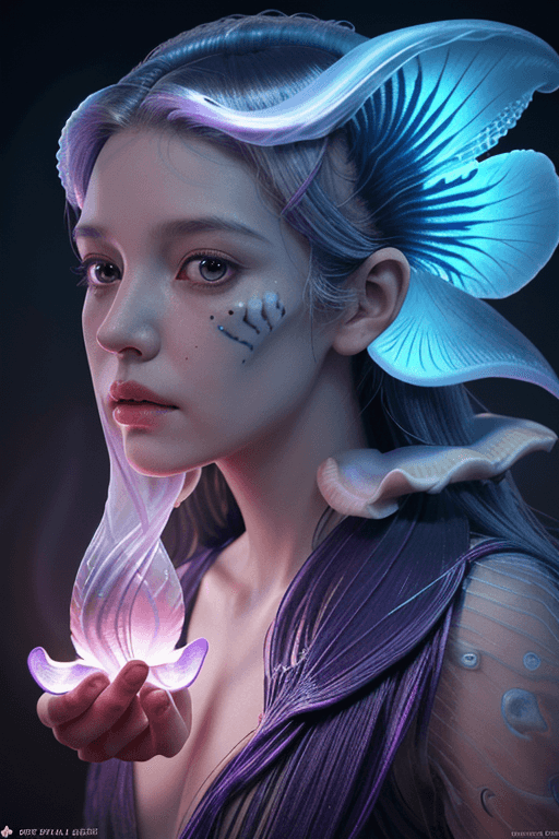 AI generated: Goddess close-up portrait ribcagel. jellyfish phoenix head, nautilus, orchid, skull, betta fish, bio...