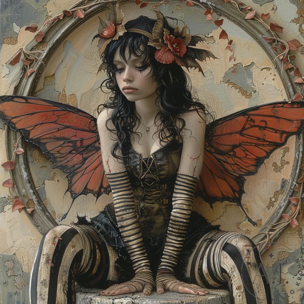 AI generated: A front view of a dark gothic fairy with striped leggings, sitting on a round, painted stone, with a...