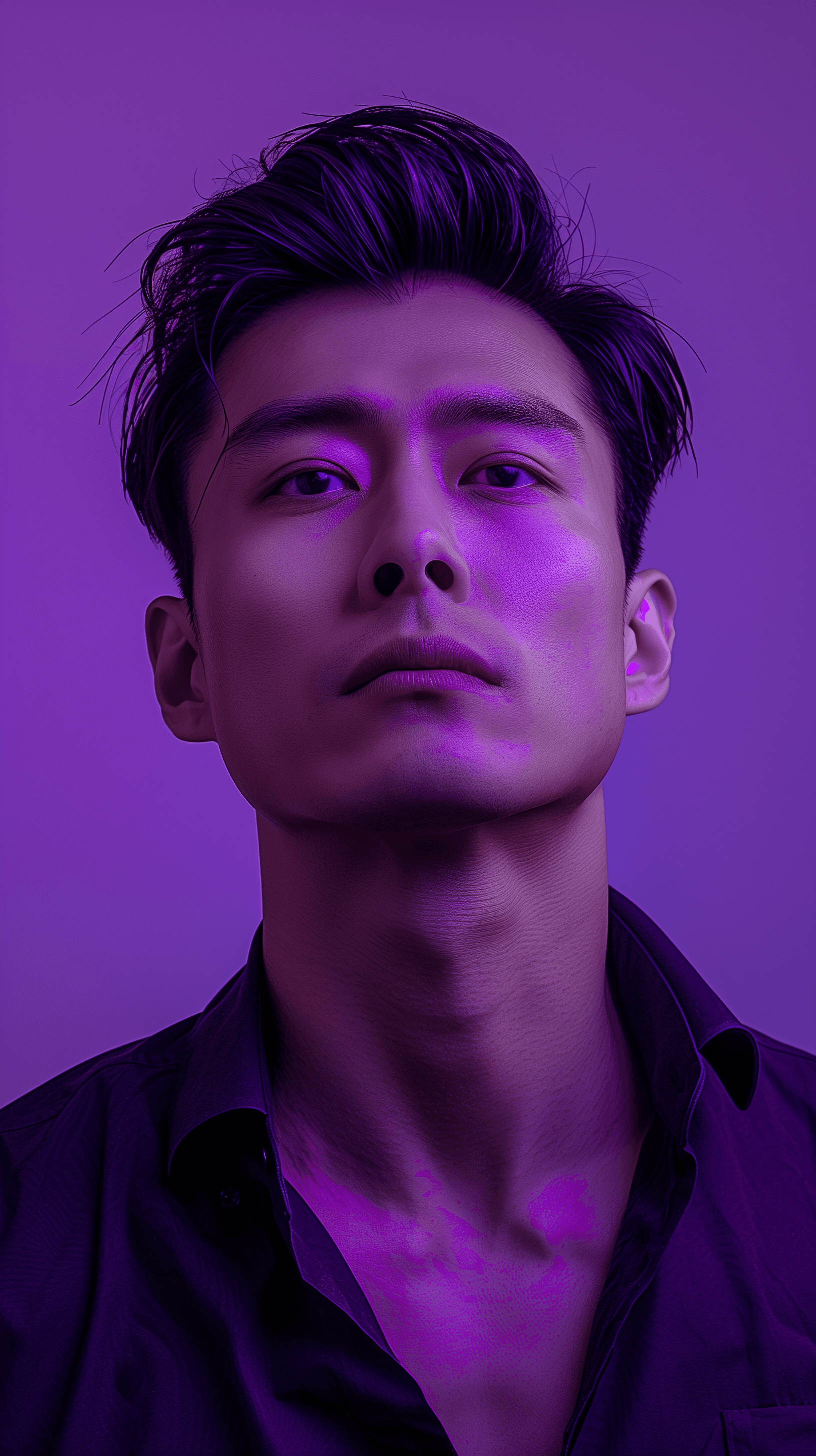 AI generated: photography, front, gaze, portrait, contrast, profile silhouette of a asain man against a vibrant so...