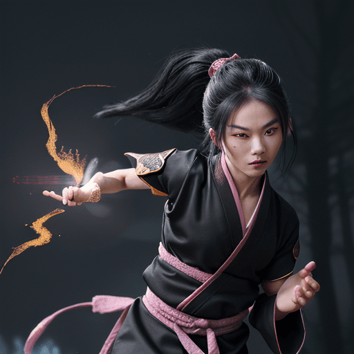 AI generated: A mischievous ninja in midnight black traditional Chinese attire, golden accessories, stealthy stanc...