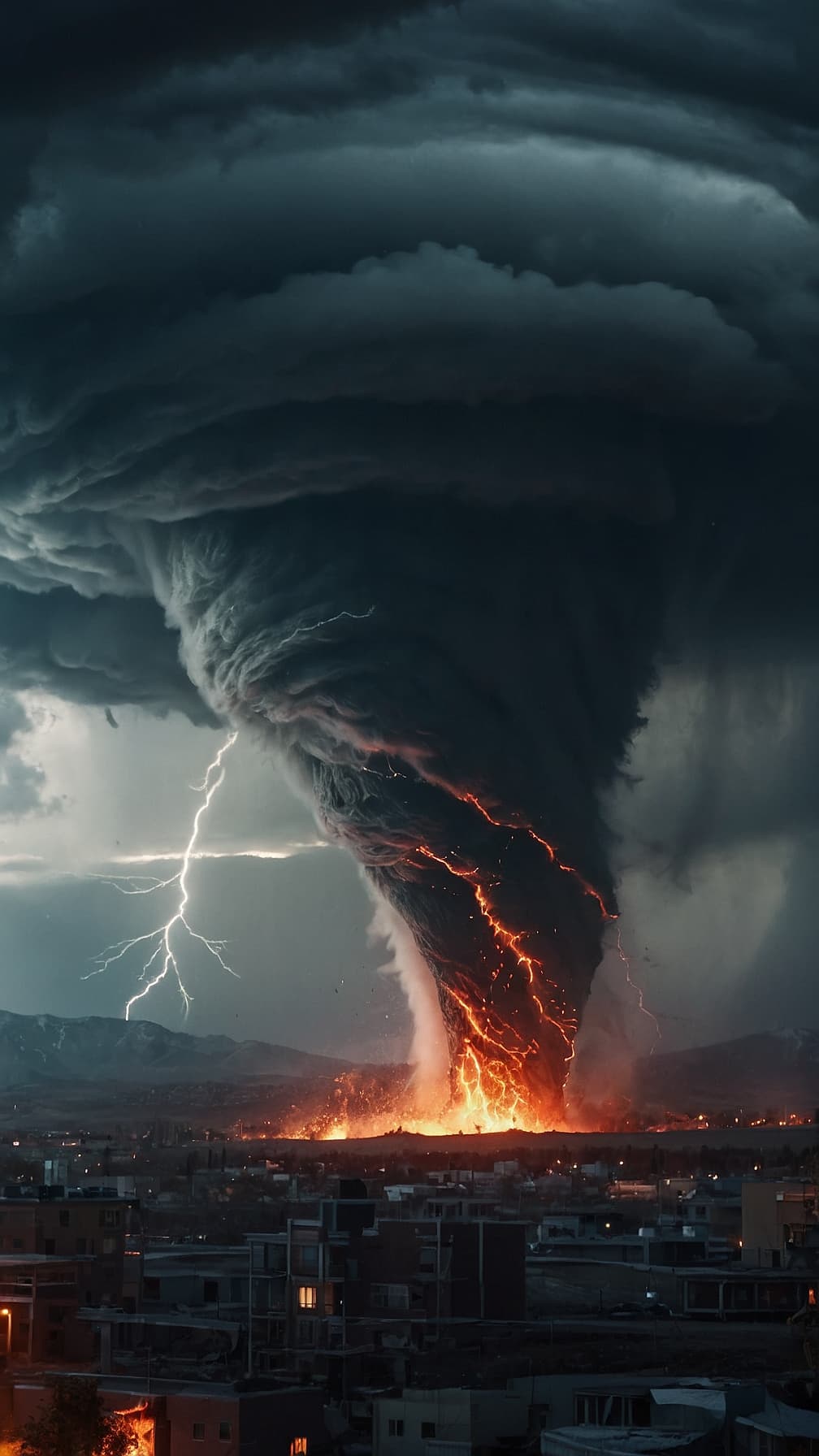 AI generated: A highly detailed and dramatic rare photo shot of a ((Tornado)) with a winter mountain background, s...