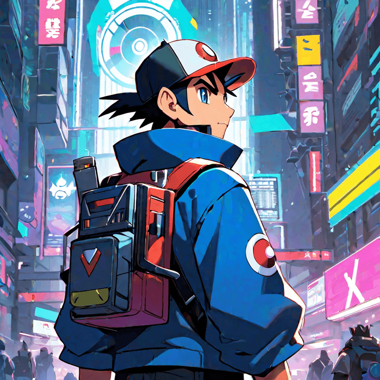 AI generated: Ash Ketchum from Pokémon but its cyberpunk.