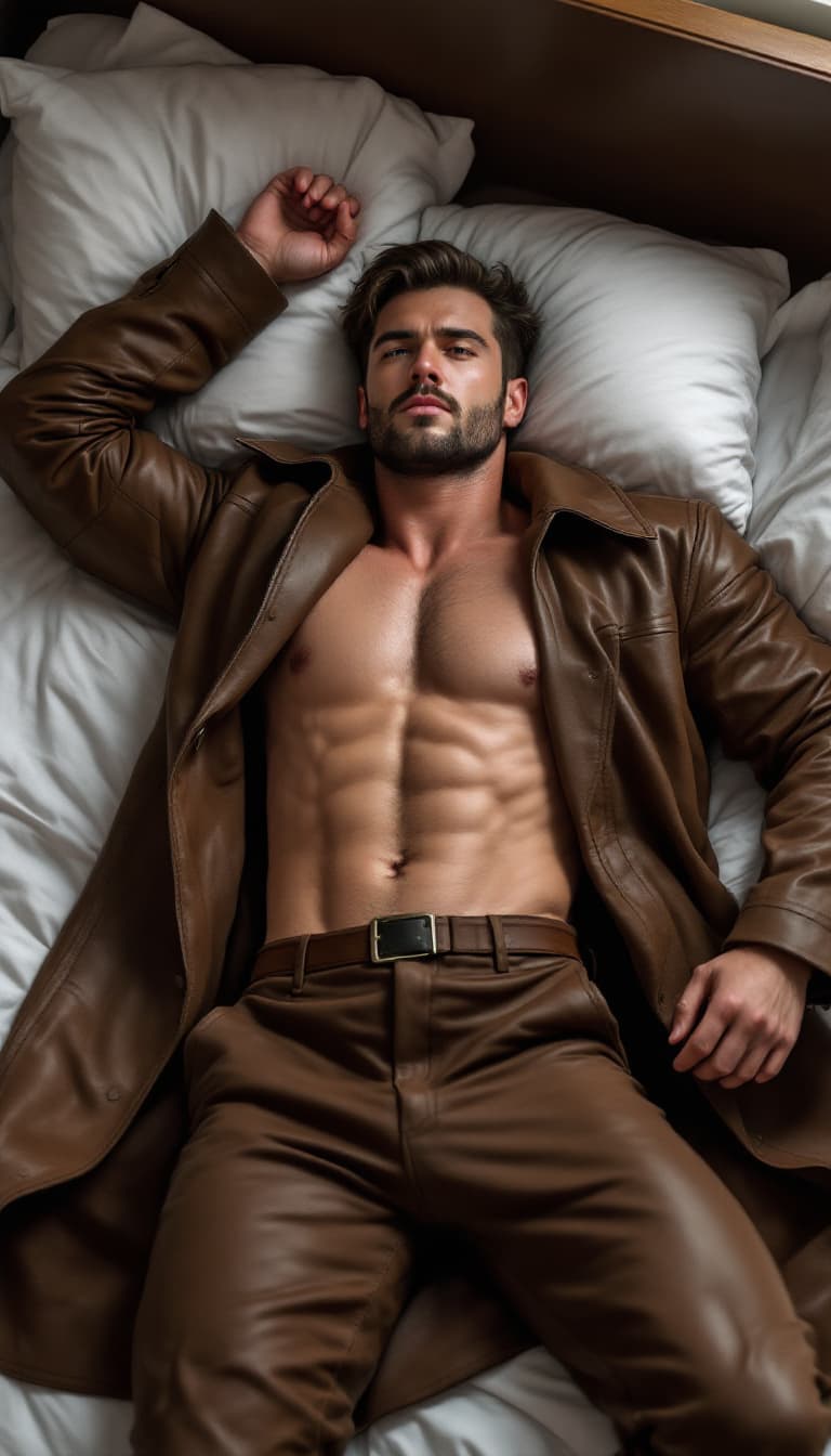 AI generated: A handsome american tall hunk man with six pack abs shirtless in brown leather overcoat and pants ly...