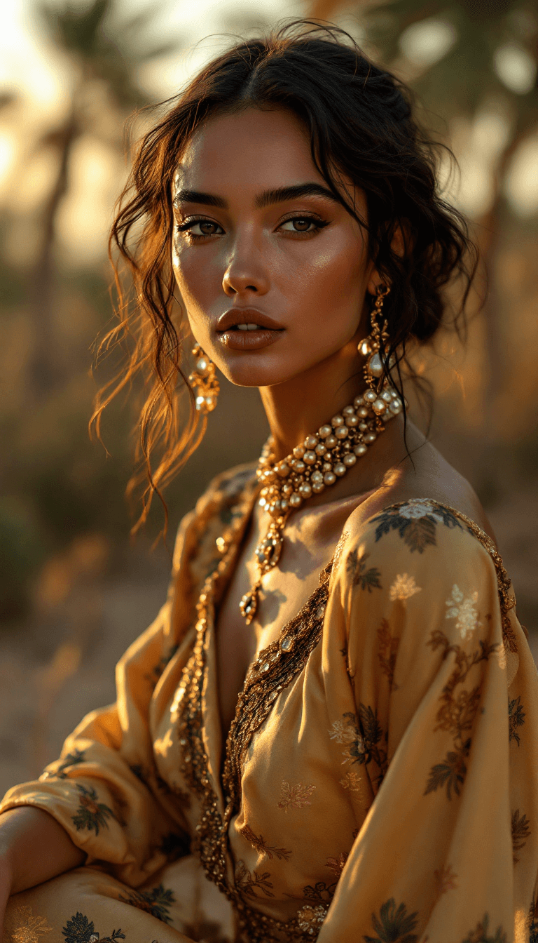AI generated: fashion editorial shot by Tim Walker in a Moroccan farm, luxury silk resort wear, gorgeous female mo...