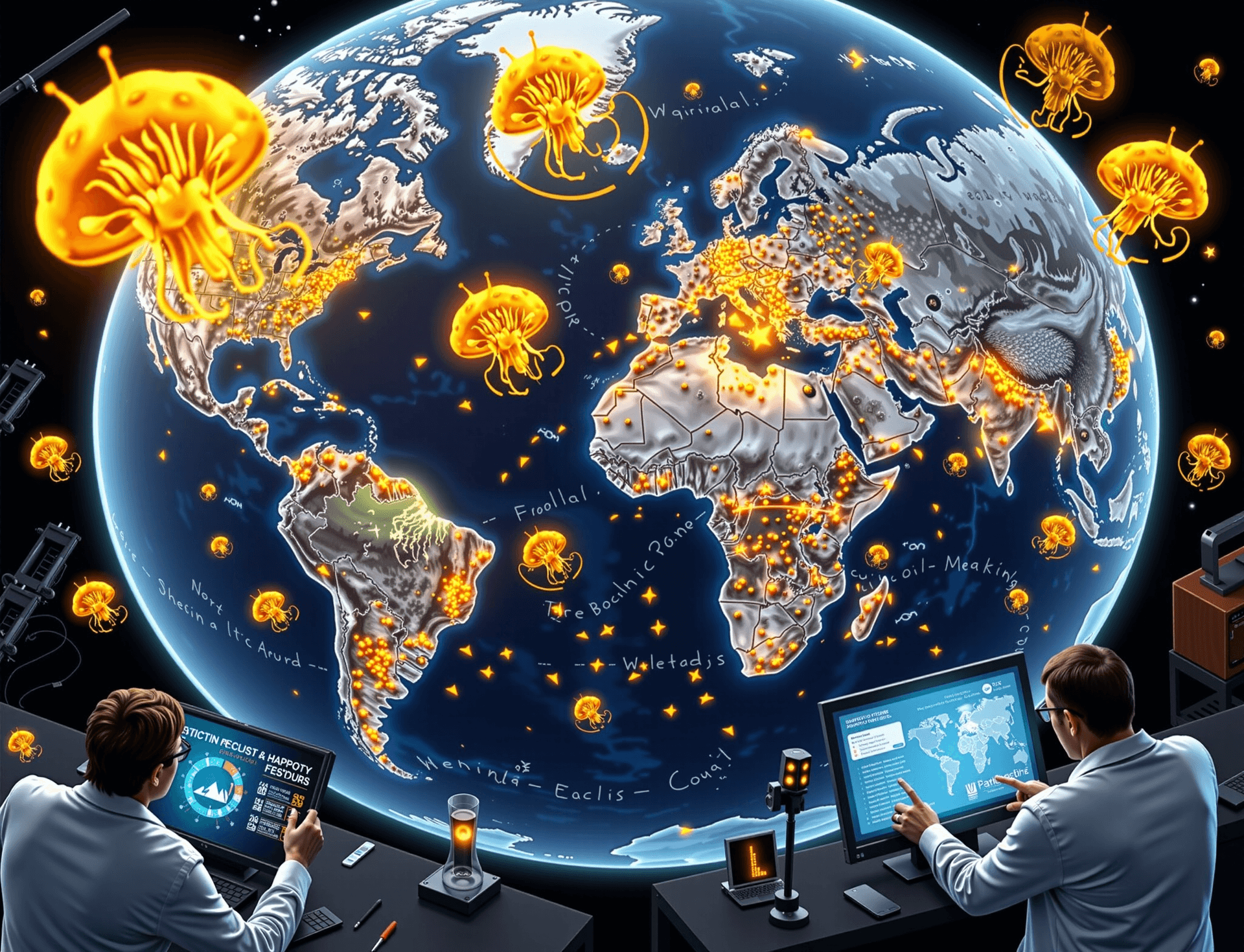 AI generated: A highly detailed, scientific illustration showing harmful Aspergillus fungi spreading across a glob...