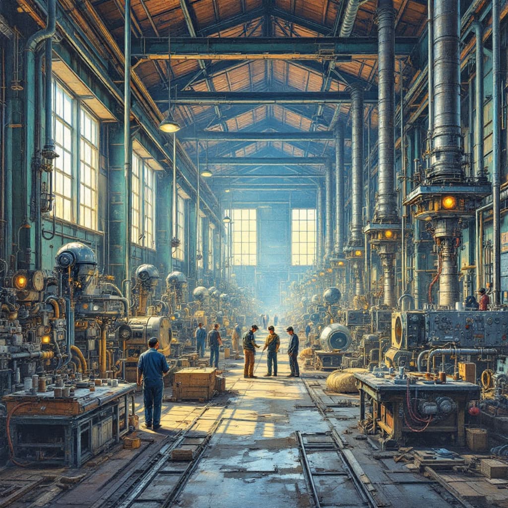 AI generated: detailed oil painting of the inside of an industrial REAL , with many hose's and machinery  men's wo...