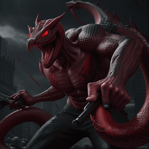 AI generated: Menacing looking half human half serpent with red eyes and fangs, hands holding weapons 4k, hyper re...