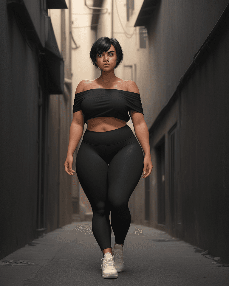 AI generated: a girl that is full-busted, tan, thick eyebrows, dynamic pose, freckles, short black hair with very ...