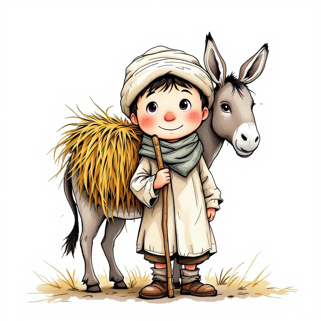 AI generated: style character Little shepherd is a boy, papakha on his head, without a scarf, Caucasian face, nose...