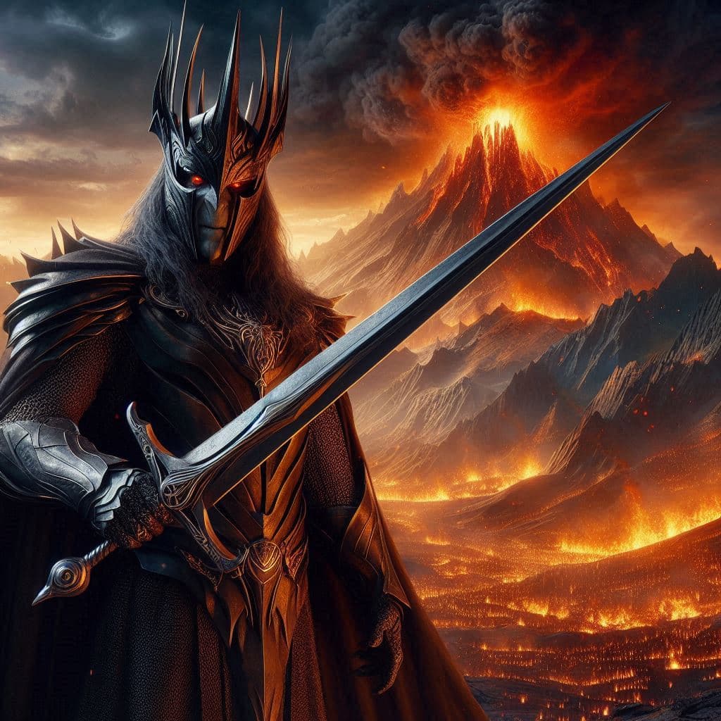 AI generated: ultra realistic, 35mm, image of a large 3D, The Lord of The Rings, Sauron character, wearing his sig...