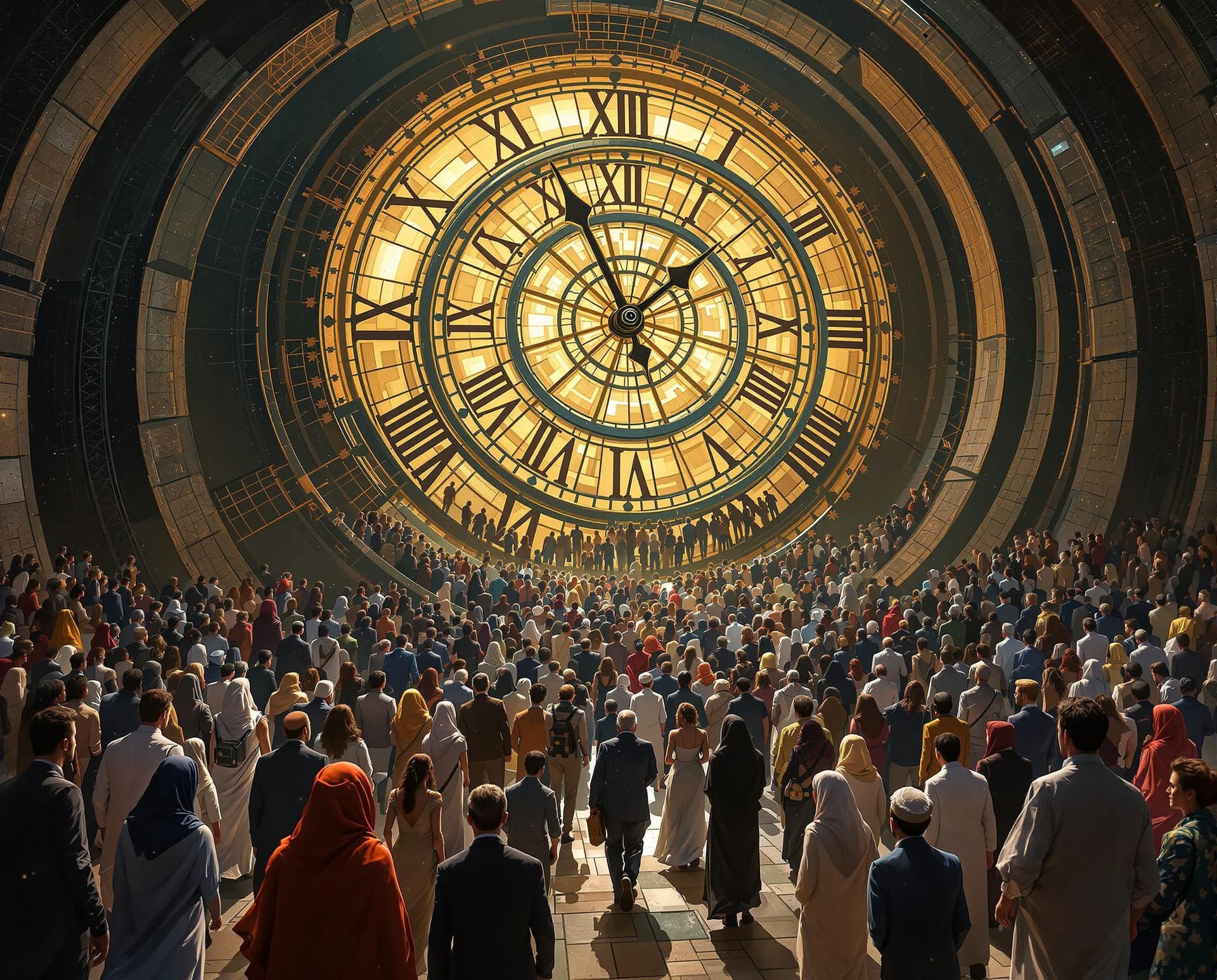 AI generated: Panopticon maze farming: people crowd entering in Giant clock shown in groups with different religio...