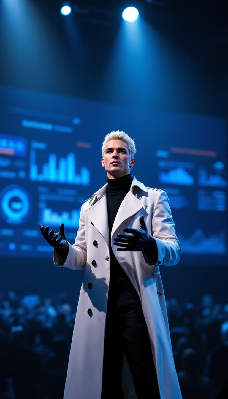 AI generated: A photorealistic candid shot of a strikingly composed young CEO inspired by Rufus from Final Fantasy...