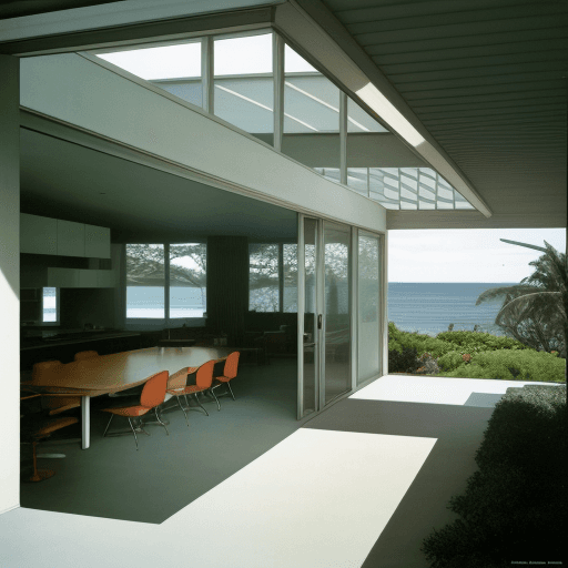 AI generated: Hyper realistic eye level exterior photo of a mid century modern style house overlooking the ocean, ...