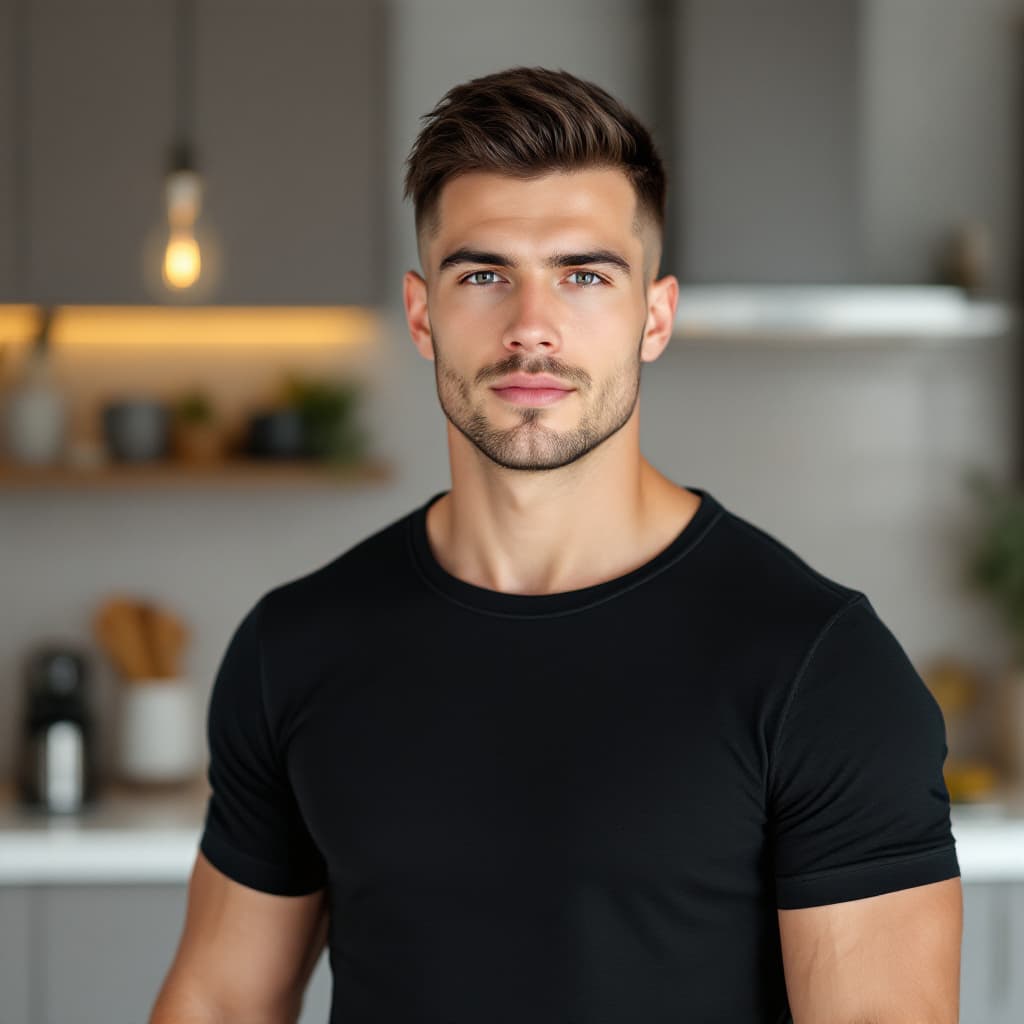 AI generated: Clean studio-style portrait of a 25-year-old white American man, dark undercut hairstyle, defined ja...