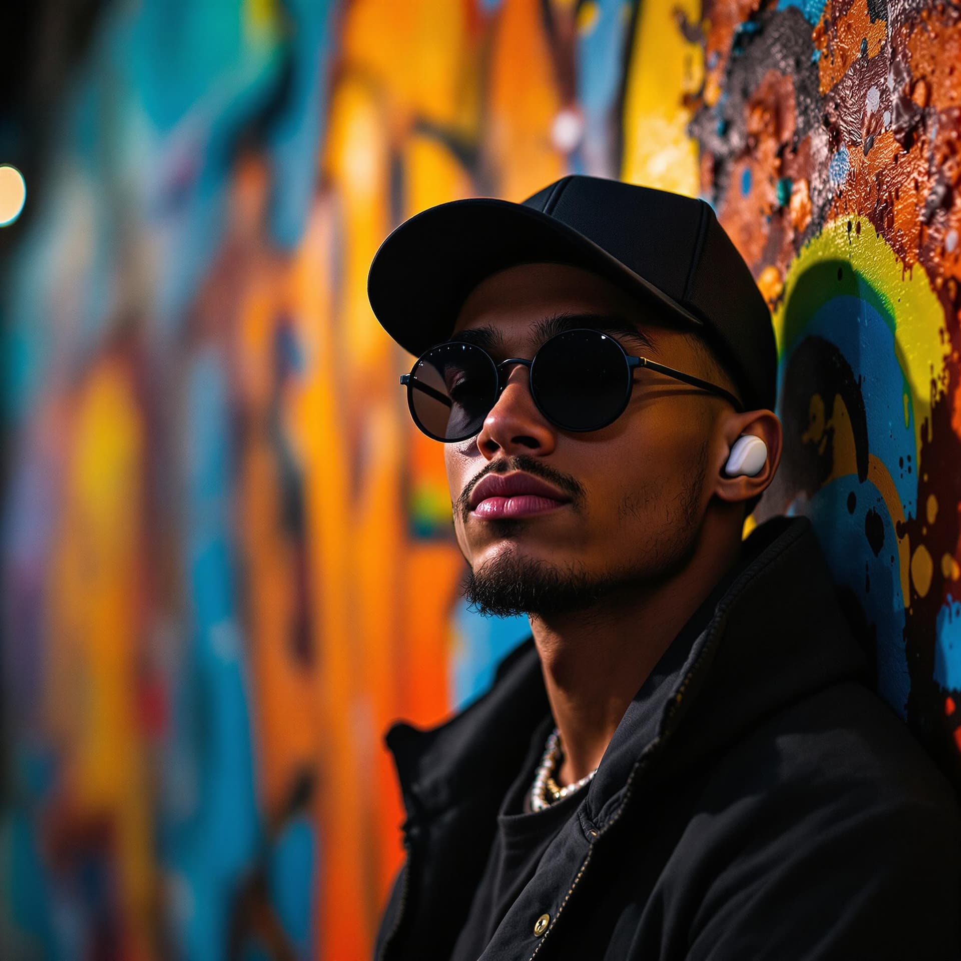 AI generated: Cinematic portrait of a confident young man wearing a black baseball cap and a stylish urban jacket....