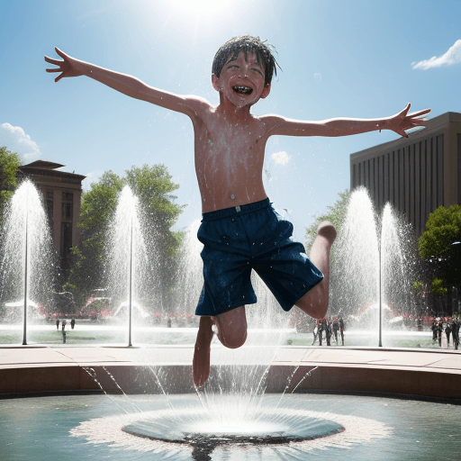 AI generated: A public square on a sunny day, a young boy playing in a fountain's dancing waters. His laughter is ...