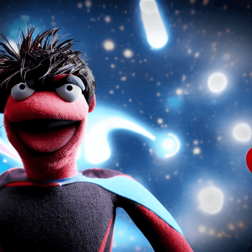 AI generated: muppet that looks like nightwing, felt fabric skin, big round ping pong muppet eyeballs, space backg...