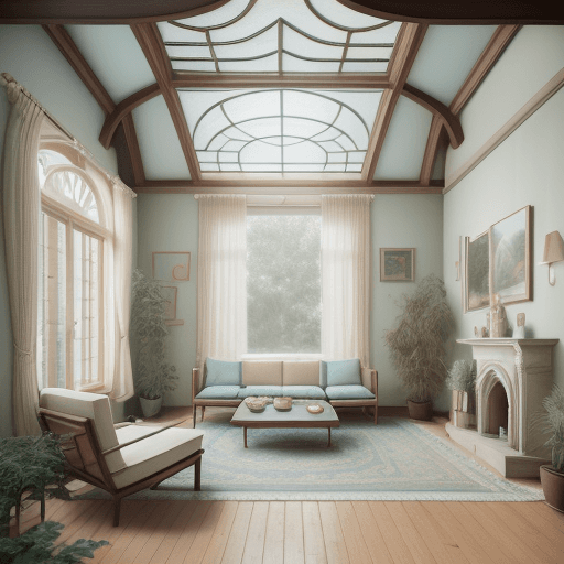AI generated: High resolution photography interior design, dreamy sunken living room conversation pit, wooden floo...