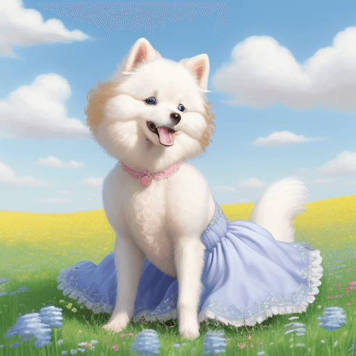 AI generated: a white pomeranian dog with curly blonde hair and bright blue eyes, wearing a flowy pink silk dress,...
