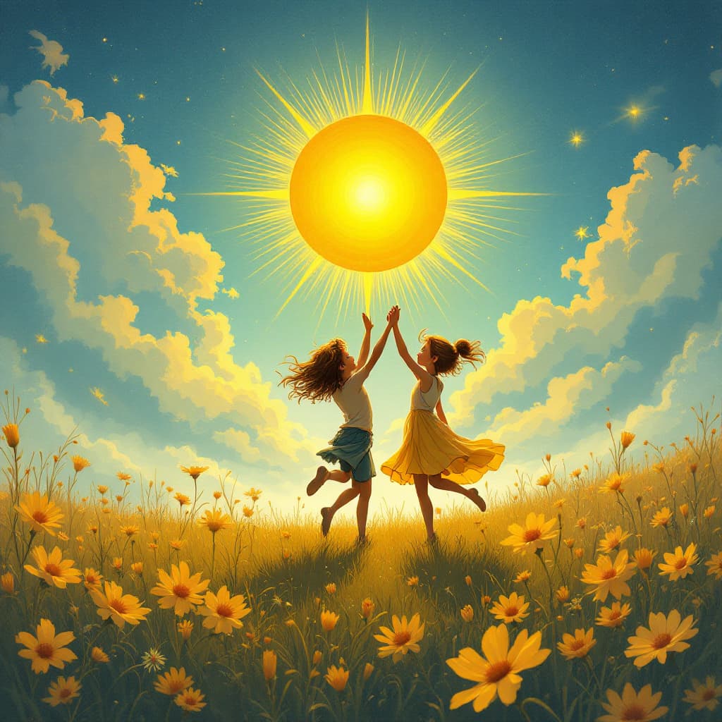 AI generated: "El Sol del Tarot de Marsella animado, con dos niños bailando bajo un sol radiante en un paisaje de ...