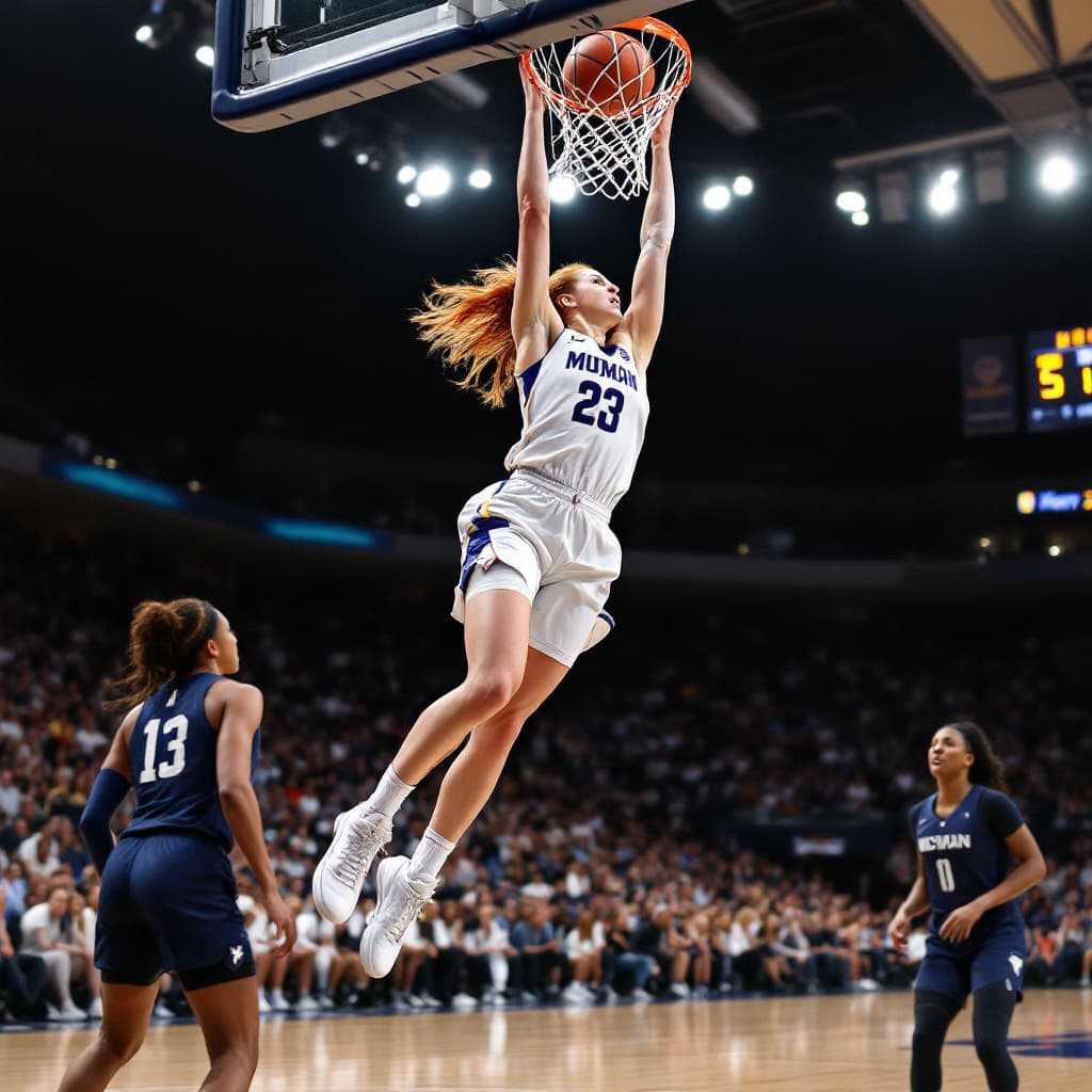 AI generated: The image shows a female, caucasian basketball player with shoulder length ginger hair, in a white u...
