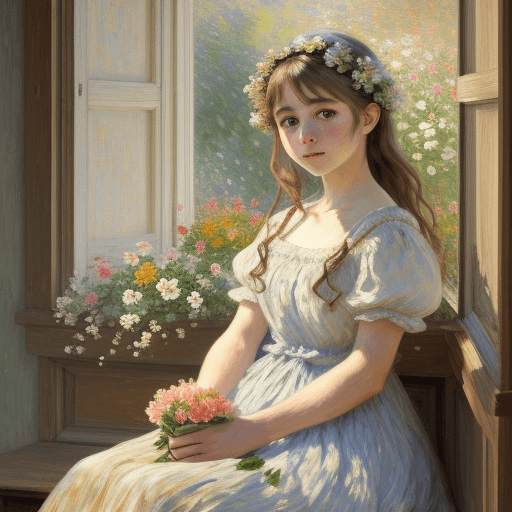 AI generated: oil painting of a beautiful girl in a summer dress sitting by a window holding flowers, in the style...
