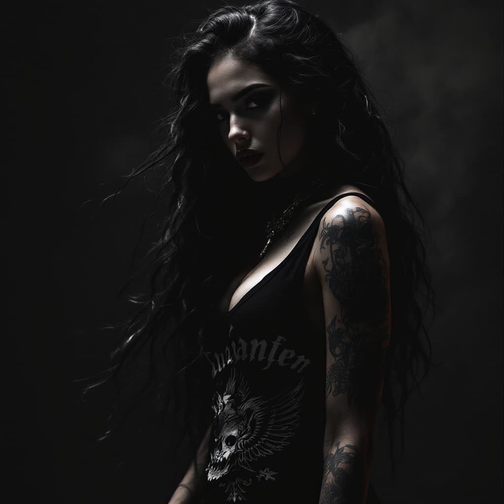 AI generated: a moody, cinematic photograph of a mysterious female rapper with lush, long hair cascading down her ...