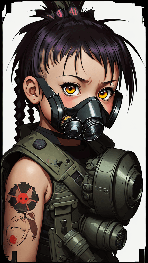 AI generated: portrait of a little mohawk girl. Wearing a gas mask. glowing eyes, illustration, anime,vector, nft,...