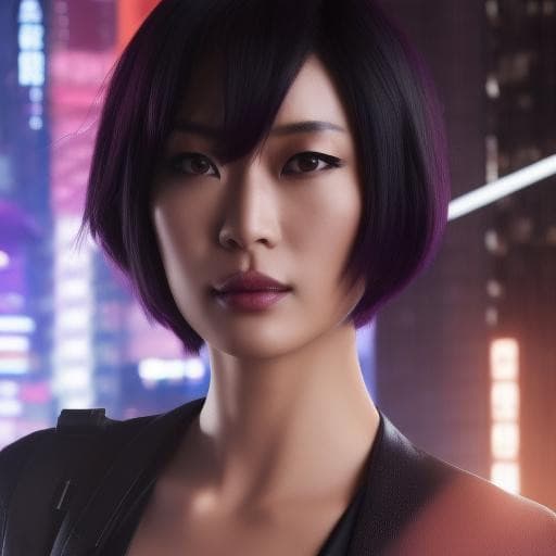 AI generated: Motoko Kusanagi in a skin tight black stealth suit, pistol, professional photography, purple hair, r...