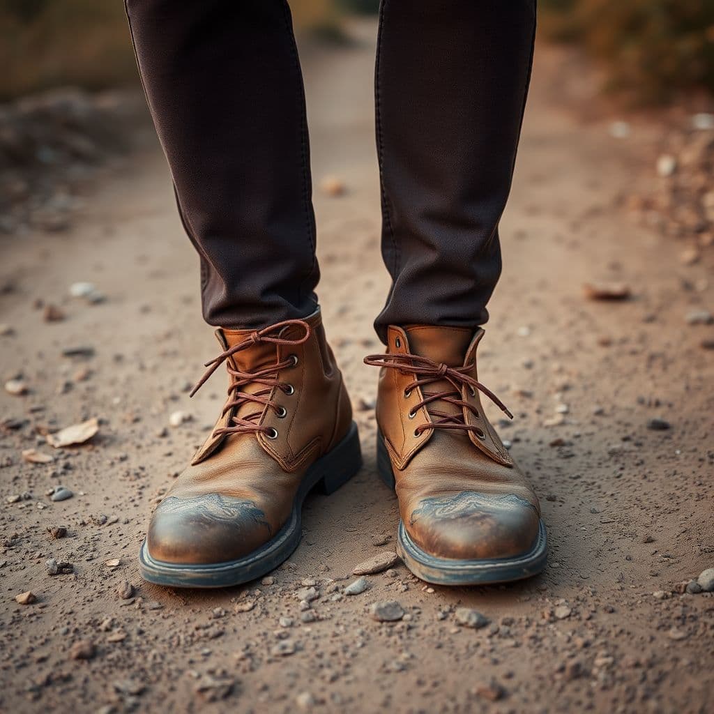 AI generated: worn out shoes of an adult man in brown shade colours in a dusty path.