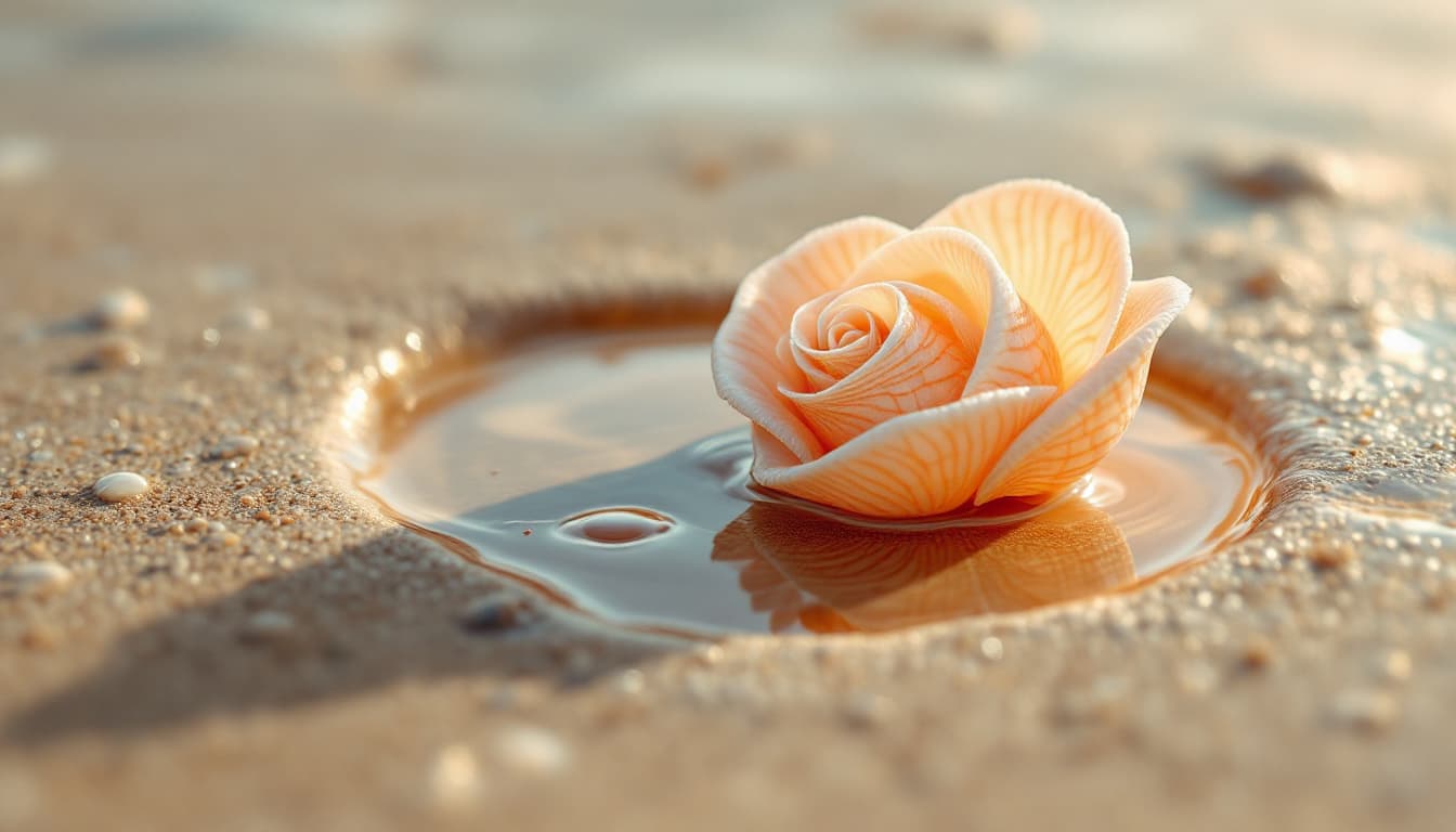 AI generated:  a close view of a delicate sea shell in 3d, shaped like a rose, resting on the beach surrounded by ...