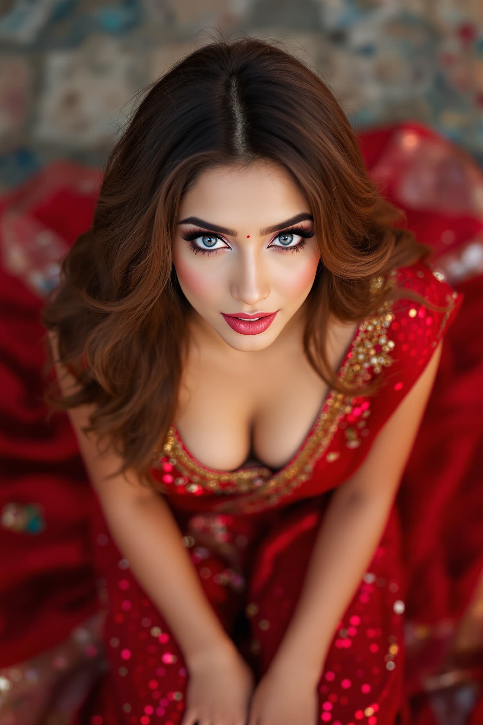 AI generated: Shot from above, 20 years old Indian lady kiara advani, [slim lady, slender lady], with big expressi...