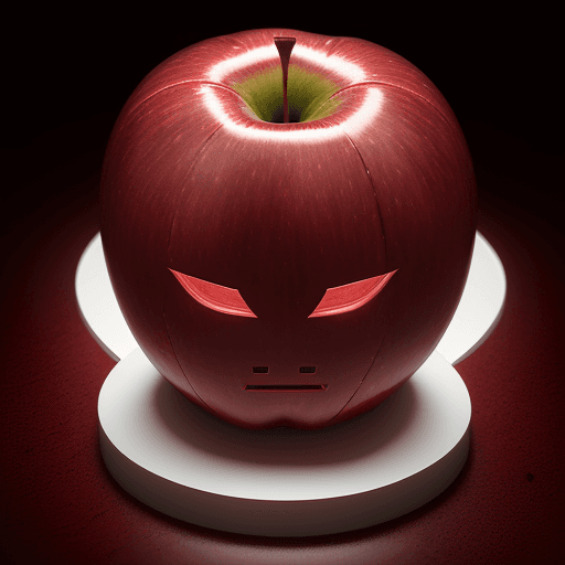 AI generated: photorealistic image of a red apple with a carved shape of {{Robot}} on its side. The carving should...
