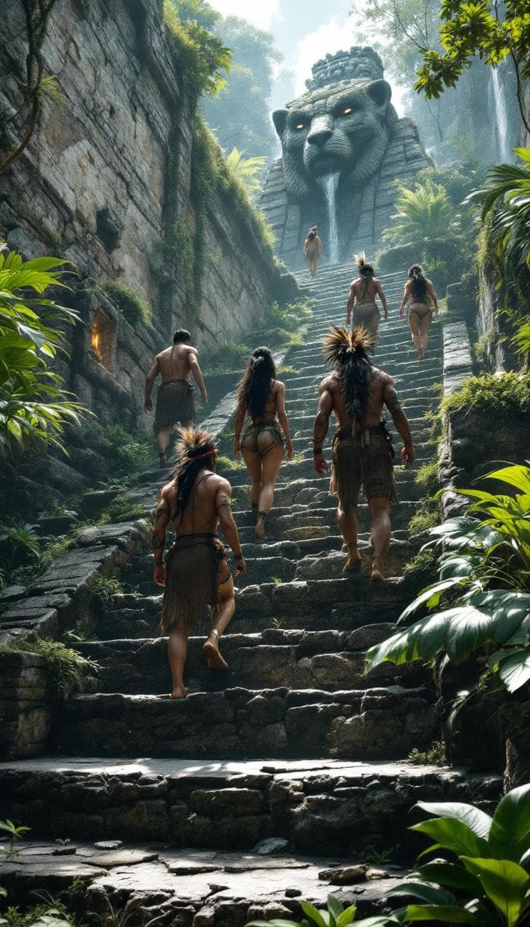 AI generated: Five native americans (native clothes, only the botton native clothes, native headress feathers in h...