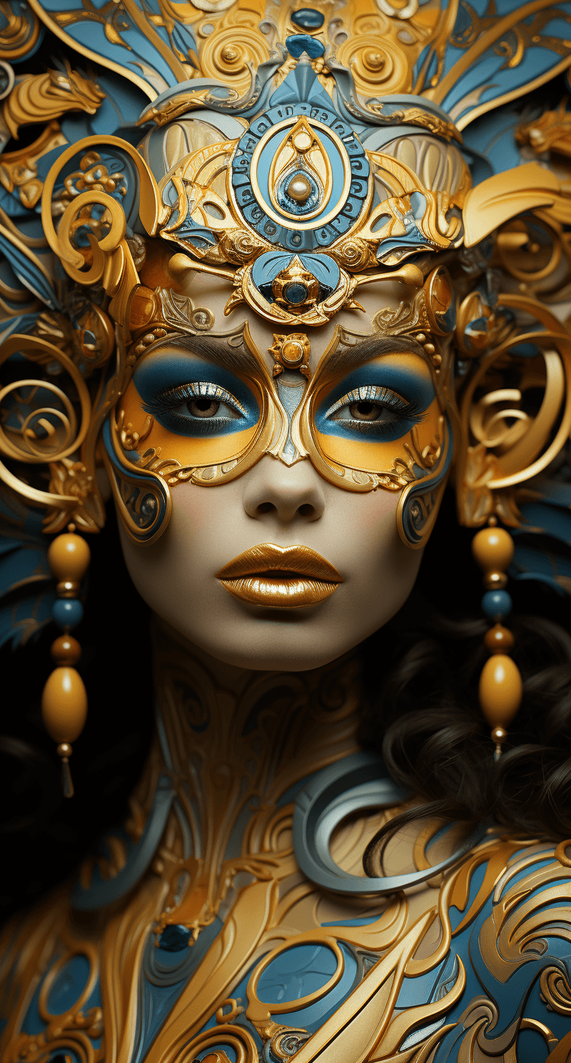 AI generated: a girl with face painting and a golden background is wearing makeup, creative, glamorous surreal, in...