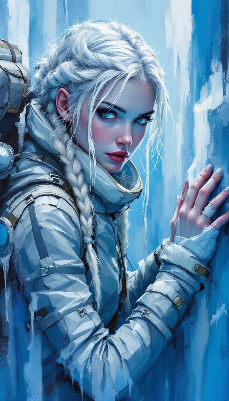 AI generated: "Arctic Explorer in a Frozen Labyrinth": A compelling abstract painting portrays an explorer, embody...