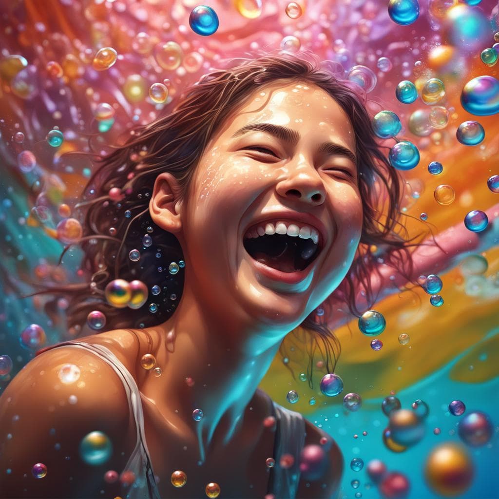 AI generated: a cheerful happy and laughing girl, surrounded by hundreds of colorful bubbles, intricate, highly de...