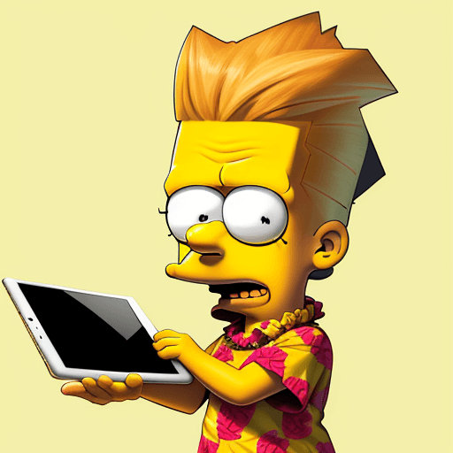 AI generated: Bart simpson in hawaiian dress holding an ipad